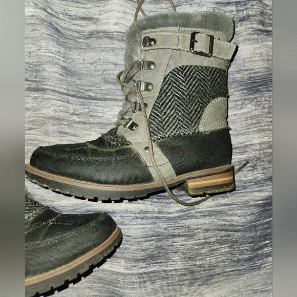 Womens Winter Ankle Boots Lace Up Faux Fur Trim Herringbone Detail - Picture 3 of 15